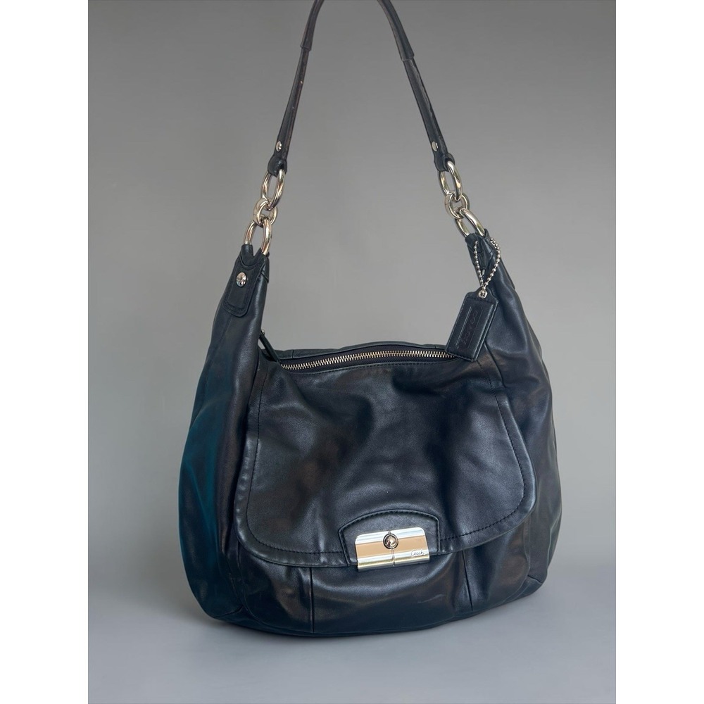 Coach F22309 Kristin Black Leather Pink Satin Liner Hobo Shoulder Bag Flip Lock